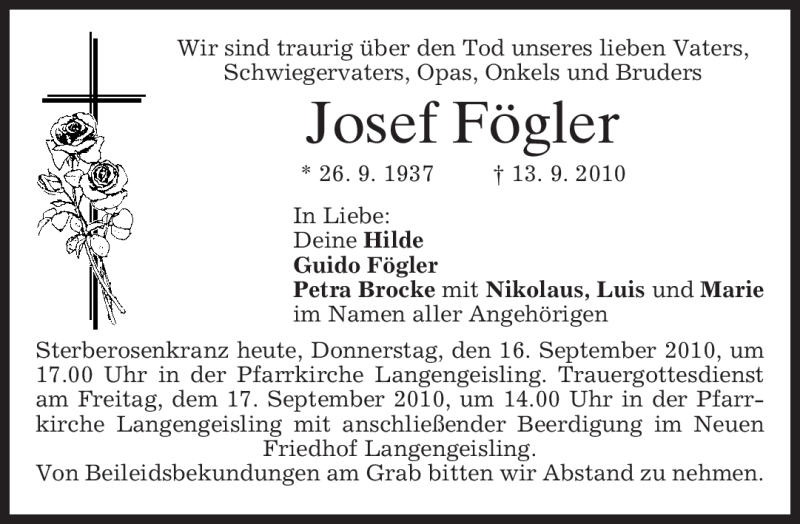  Traueranzeige für Josef Fögler vom 16.09.2010 aus MERKUR & TZ