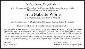 Traueranzeige von Babette Wörle von MERKUR & TZ