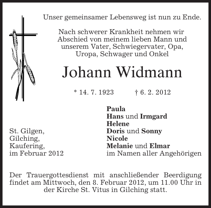  Traueranzeige für Johann Widmann vom 07.02.2012 aus MERKUR & TZ