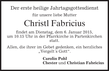 Traueranzeige von Christl Fabricius von merkurtz