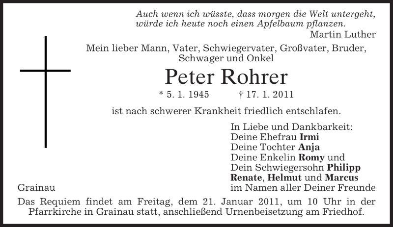  Traueranzeige für Peter Rohrer vom 20.01.2011 aus MERKUR & TZ