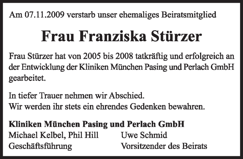  Traueranzeige für Franziska Stürzer vom 11.11.2009 aus MERKUR & TZ
