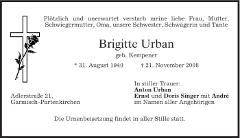 Traueranzeige von Brigitte Urban von MERKUR & TZ