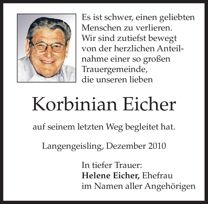 Traueranzeige für Korbinian Eicher vom 04.12.2010 aus MERKUR & TZ