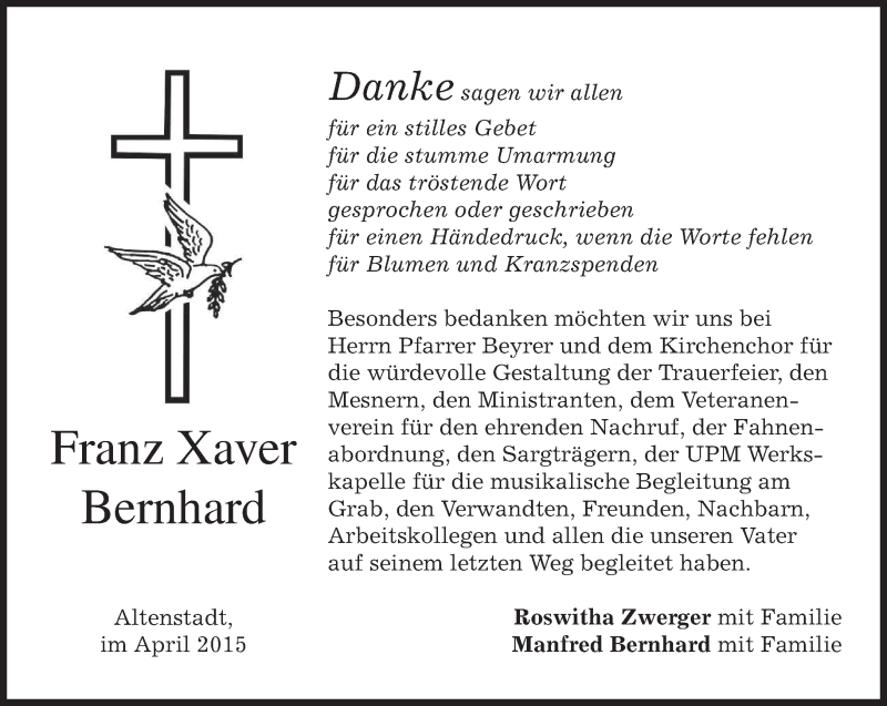 Traueranzeigen Von Franz Xaver Bernhard | Trauer.merkur.de