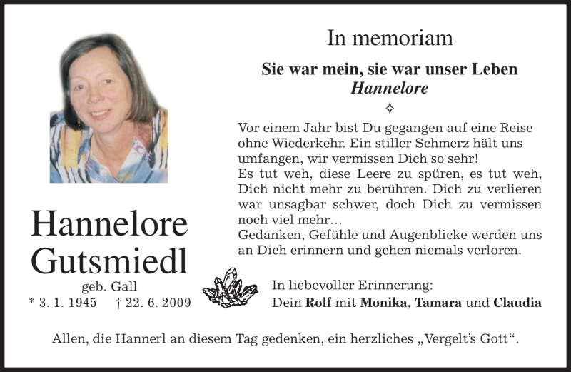  Traueranzeige für Hannelore Gutsmiedl vom 22.06.2010 aus MERKUR & TZ