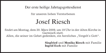 Traueranzeige von Josef Riesch von MERKUR & TZ