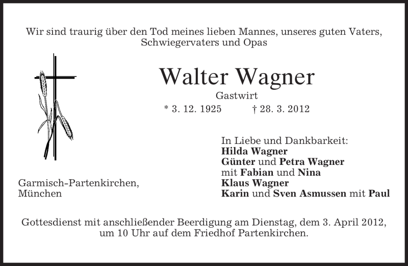  Traueranzeige für Walter Wagner vom 31.03.2012 aus MERKUR & TZ