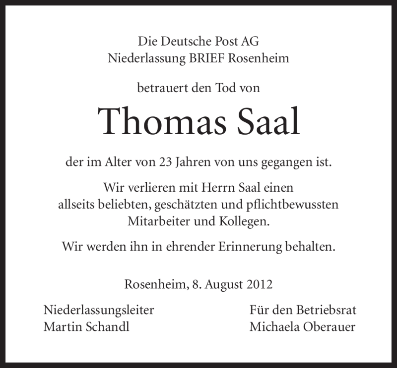  Traueranzeige für Thomas Saal vom 08.08.2012 aus MERKUR & TZ