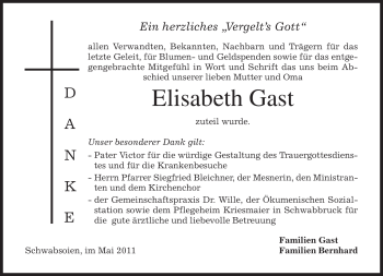 Traueranzeige von Elisabeth Gast von MERKUR & TZ