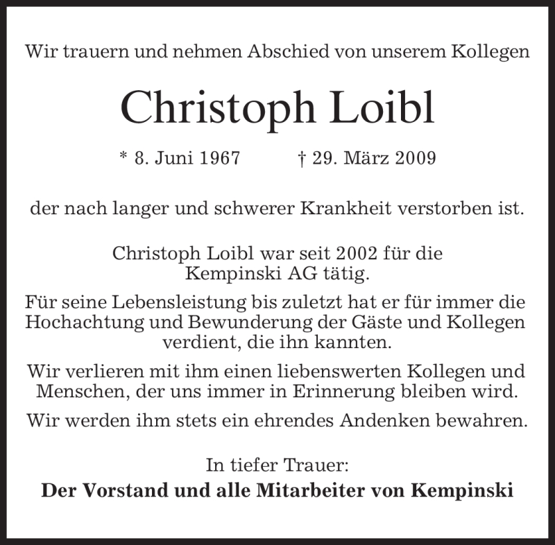  Traueranzeige für Christoph Loibl vom 01.04.2009 aus MERKUR & TZ