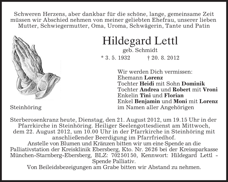  Traueranzeige für Hildegard Lettl vom 21.08.2012 aus MERKUR & TZ