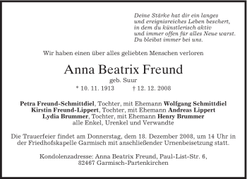 Traueranzeige von Anna Beatrix Freund von MERKUR & TZ