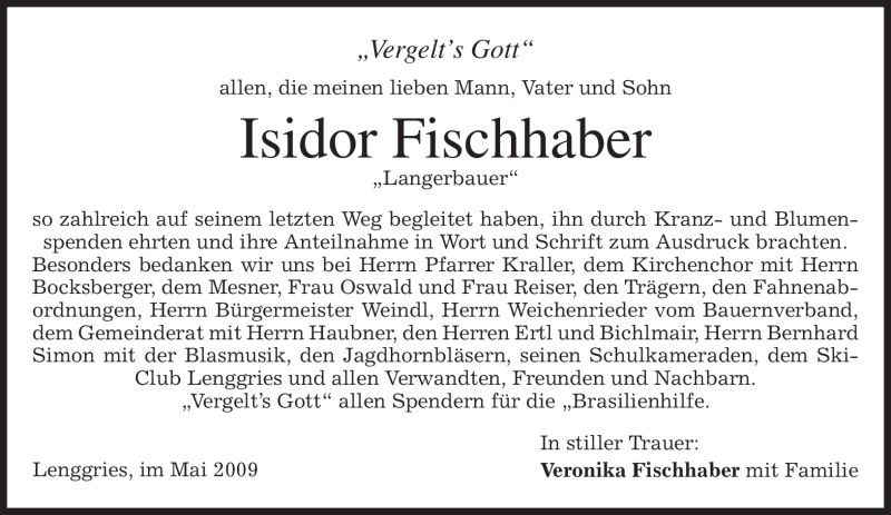  Traueranzeige für Isidor Fischhaber vom 30.05.2009 aus MERKUR & TZ