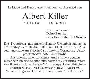 Traueranzeige von Albert Killer von MERKUR & TZ