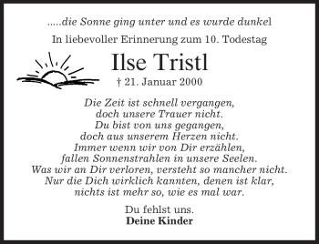 Traueranzeige von Ilse Tristl von MERKUR & TZ