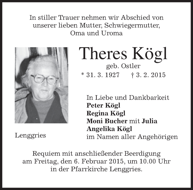  Traueranzeige für Theres Kögl vom 04.02.2015 aus merkurtz