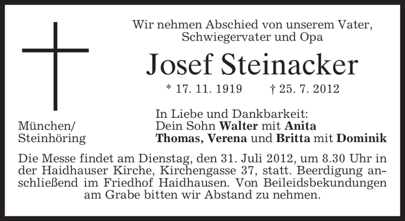  Traueranzeige für Josef Steinacker vom 28.07.2012 aus MERKUR & TZ