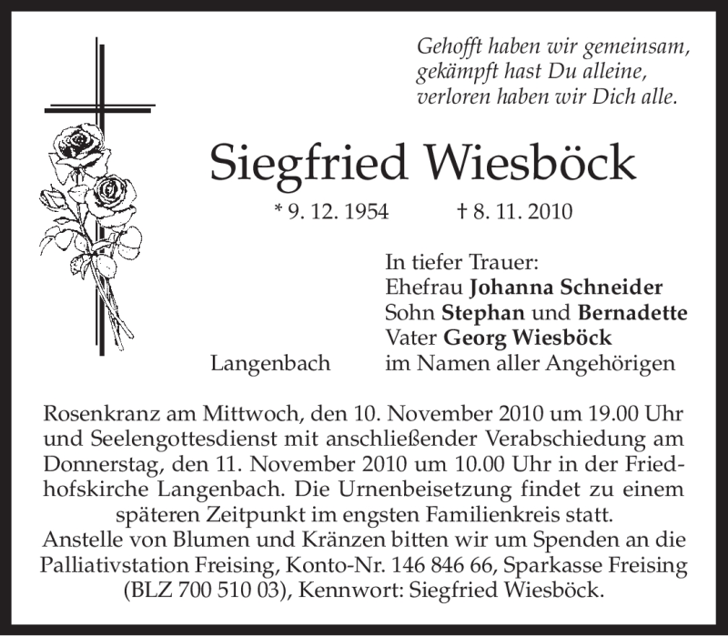  Traueranzeige für Siegfried Wiesböck vom 09.11.2010 aus MERKUR & TZ