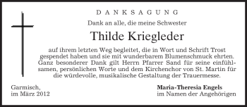 Traueranzeige von Thilde Kriegleder von MERKUR & TZ