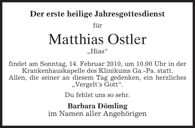  Traueranzeige für Matthias Ostler vom 13.02.2010 aus MERKUR & TZ