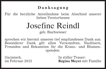 Traueranzeige von Josefine Reindl von merkurtz