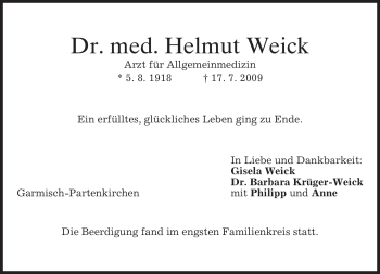 Traueranzeige von Helmut Weick von MERKUR & TZ
