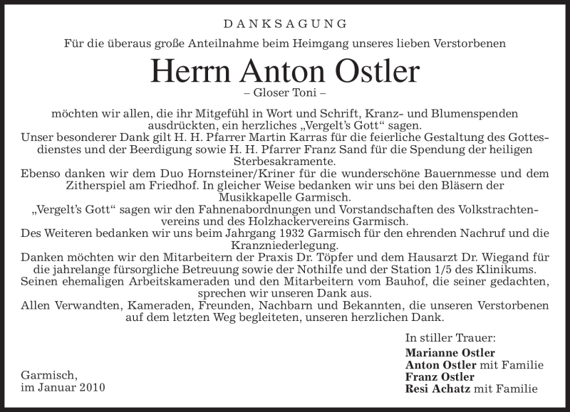  Traueranzeige für Anton Ostler vom 23.01.2010 aus MERKUR & TZ