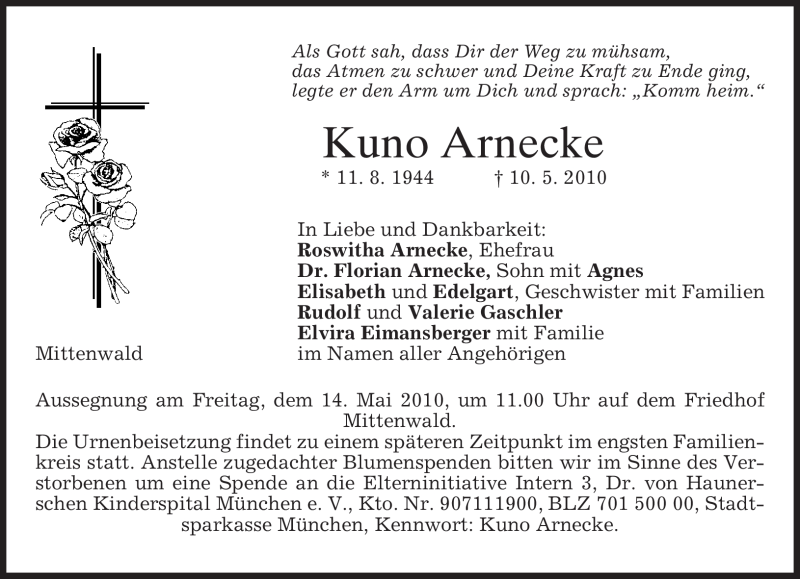  Traueranzeige für Kuno Arnecke vom 11.05.2010 aus MERKUR & TZ