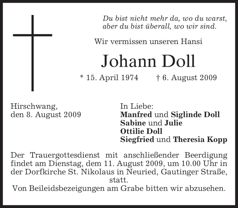  Traueranzeige für Johann Doll vom 08.08.2009 aus MERKUR & TZ