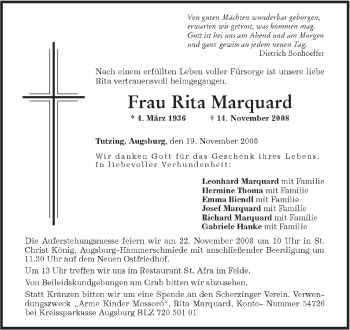 Traueranzeige von Rita Marquard von MERKUR & TZ