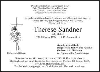 Traueranzeige von Therese Sandner von merkurtz