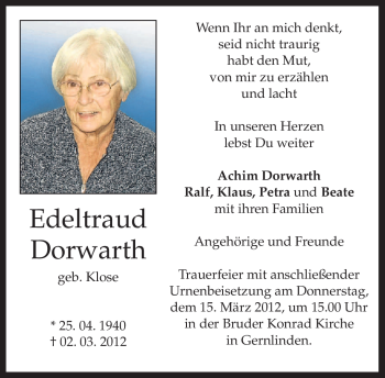 Traueranzeige von Edeltraud Dorwarth von MERKUR & TZ