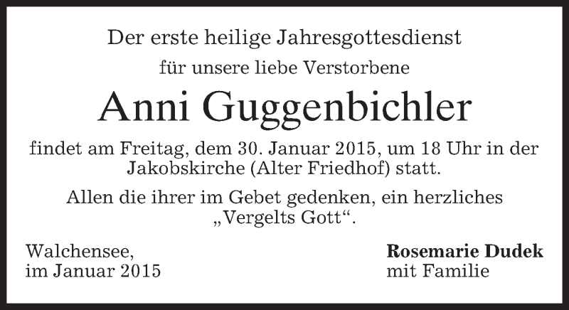  Traueranzeige für Anni Guggenbichler vom 29.01.2015 aus merkurtz