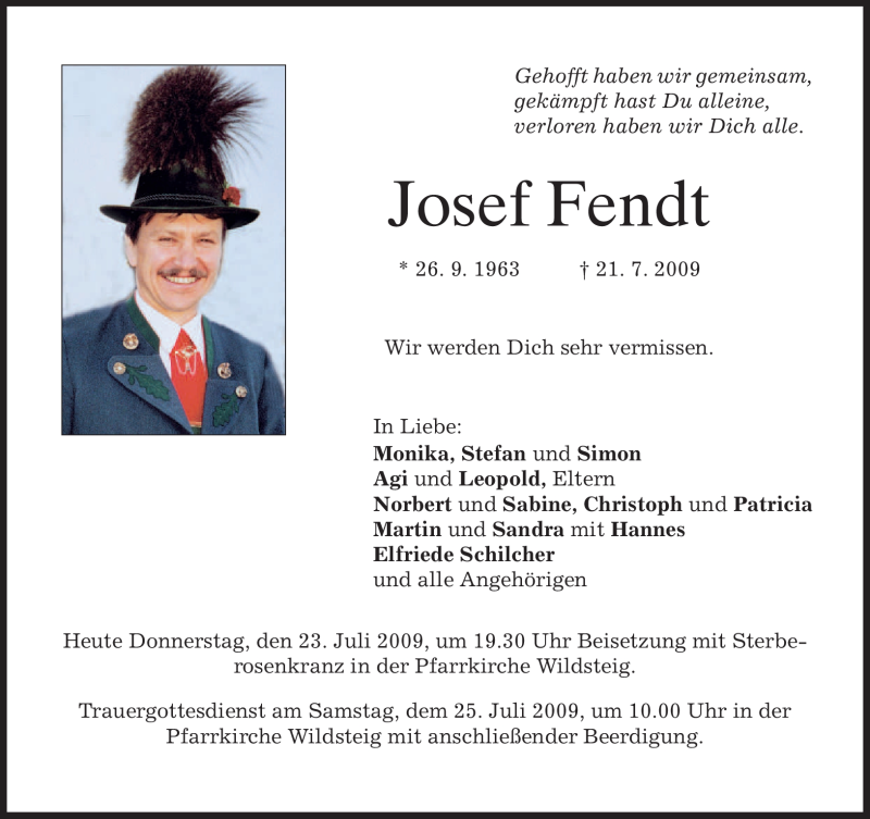  Traueranzeige für Josef Fendt vom 23.07.2009 aus MERKUR & TZ