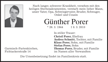 Traueranzeige von Günther Porer von MERKUR & TZ
