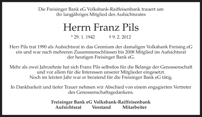  Traueranzeige für Franz Pils vom 14.02.2012 aus MERKUR & TZ