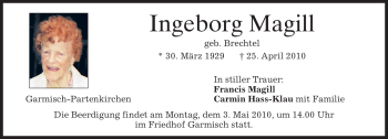 Traueranzeige von Ingeborg Magill von MERKUR & TZ