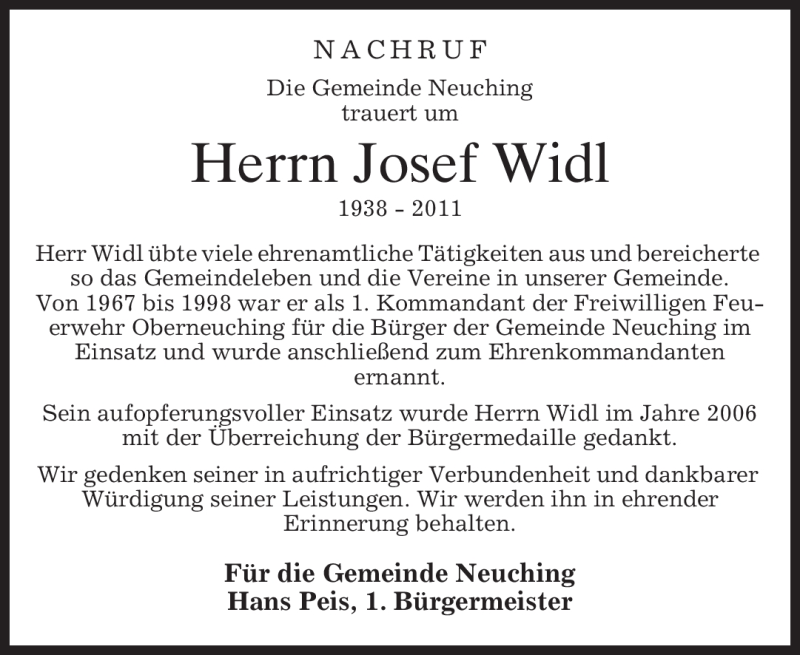  Traueranzeige für Josef Widl vom 24.02.2011 aus MERKUR & TZ