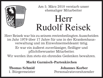 Traueranzeige von Rudolf Reisek von MERKUR & TZ