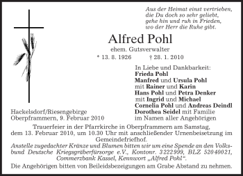 Traueranzeige von Alfred Pohl von MERKUR & TZ