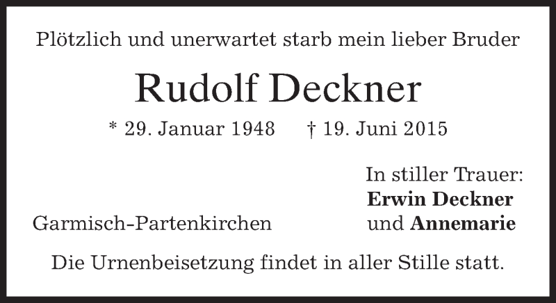  Traueranzeige für Rudolf Deckner vom 22.06.2015 aus merkurtz