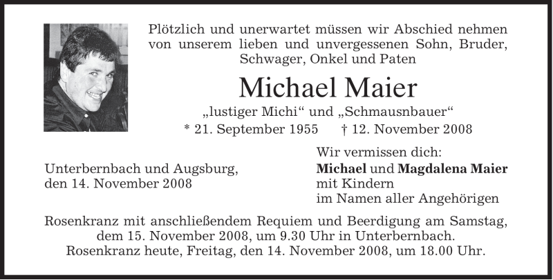  Traueranzeige für Michael Maier vom 14.11.2008 aus MERKUR & TZ