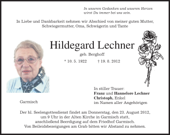Traueranzeige von Hildegard Lechner von MERKUR & TZ
