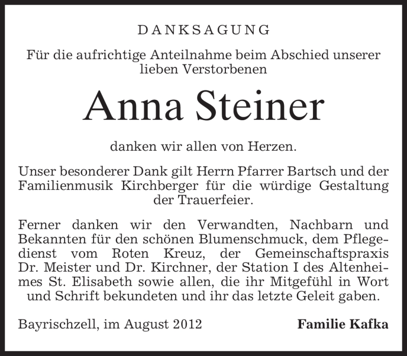  Traueranzeige für Anna Steiner vom 04.08.2012 aus MERKUR & TZ