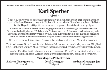 Traueranzeige von Karl Sperber von MERKUR & TZ