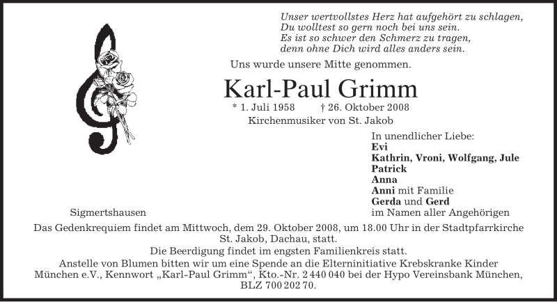  Traueranzeige für Karl-Paul Grimm vom 28.10.2008 aus MERKUR & TZ