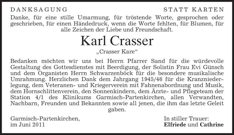  Traueranzeige für Karl Crasser vom 11.06.2011 aus MERKUR & TZ