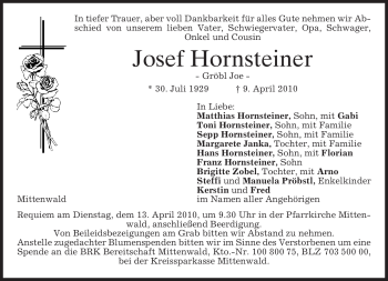 Traueranzeige von Josef Hornsteiner von MERKUR & TZ