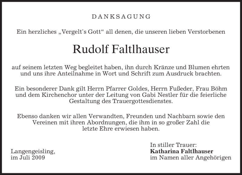  Traueranzeige für Rudolf Faltlhauser vom 04.07.2009 aus MERKUR & TZ